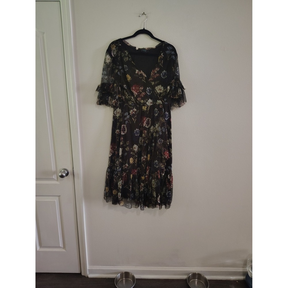 Gabby Skye Womens Floral‎ Lace Midi Dress Black V-Neck Flutter Sleeve Size 14